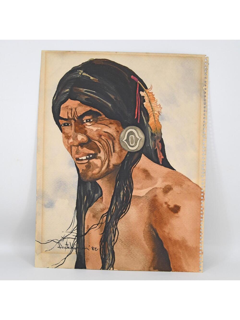 Vintage Original Portrait Painting Native American Indian Watercolor Sketchbook